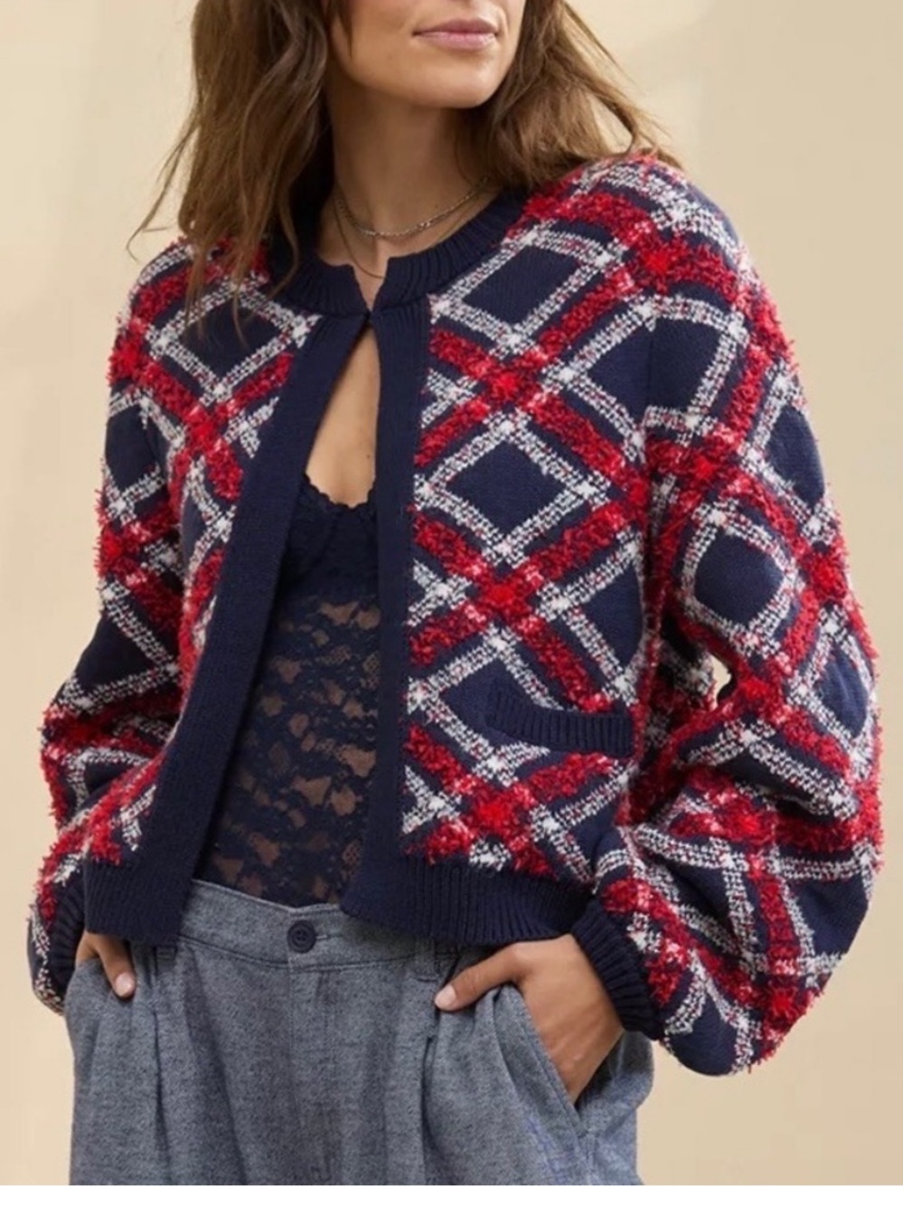 aerie Navy and Red Plaid Open-Front Boucle Balloon Sleeve Cardigan